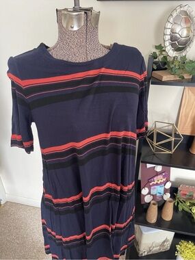 LOFT Navy Midi Dress with Red & Black Stripes